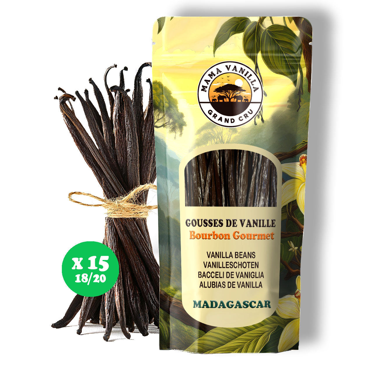 Vanille BOURBON Gourmet de MADAGASCAR Qualité A - 15 GOUSSES 18/20 cm