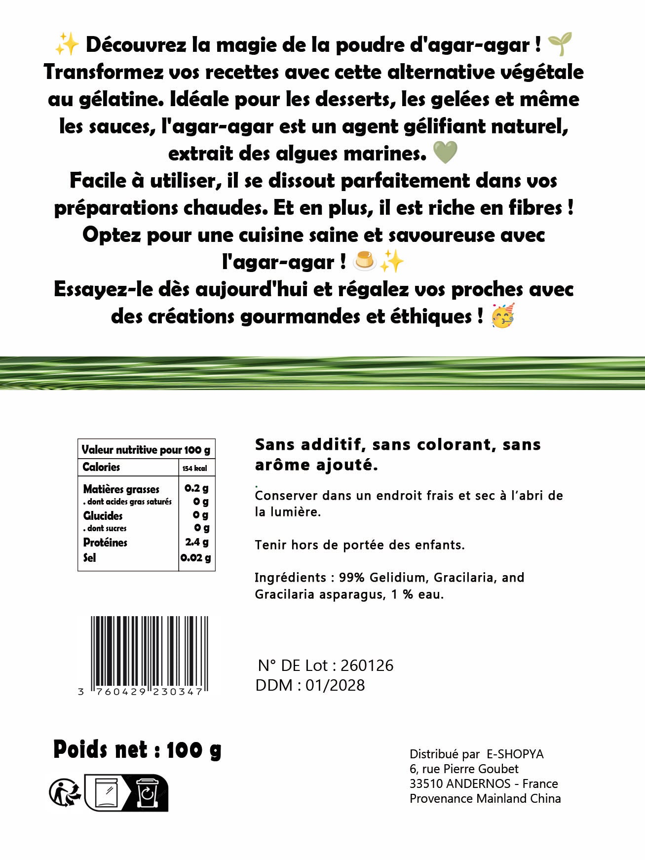 Poudre d'AGAR-AGAR BIO