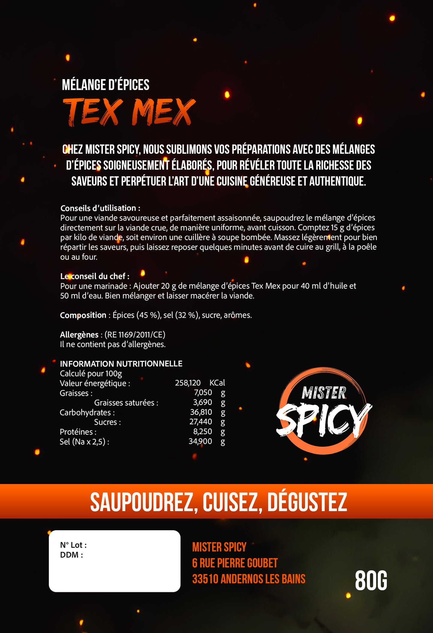 Epices TEX MEX -  80 g - Marinade Sèche & Épices – Sublimez vos grillades – Saupoudrez – Cuisez - Dégustez