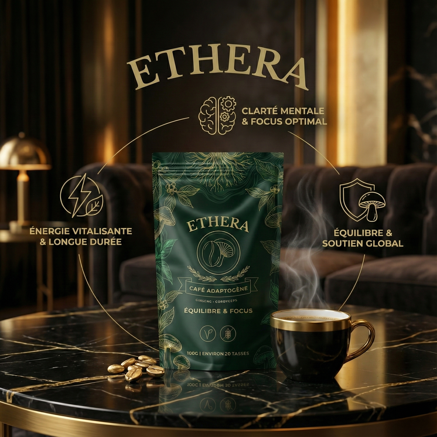 CAFE aux champignons adaptogènes et Ginseng – Vitalité – Concentration – Extrait en poudre de 100 gr soit environ 20 tasses