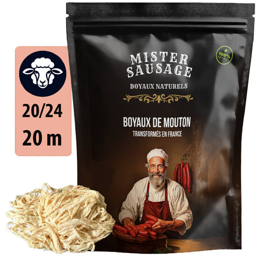 Boyaux naturels de Mouton 20 mètres calibre 22/24 – Emballés sous-vide – Pour 6 kg de charcuterie - Résistant à la cuisson – Convient au fumage et au barbecue.