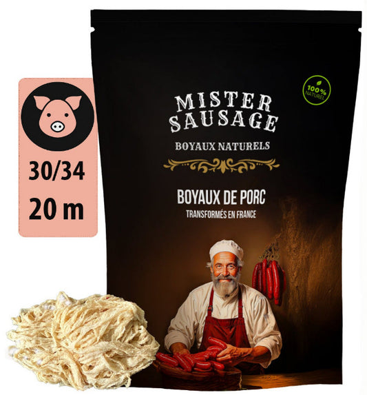 Boyaux naturels de Porc 20 mètres calibre 30/34 – Emballés sous-vide – Pour 12 kg de charcuterie - Résistant à la cuisson – Convient au fumage et au barbecue.